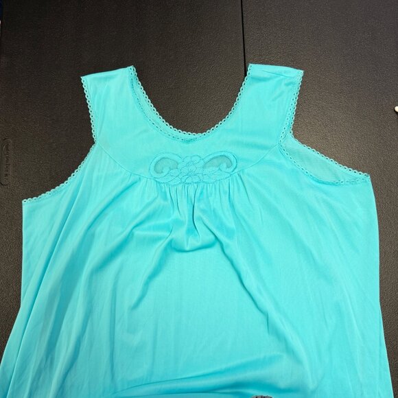 VTG Lorraine Nylon Nightgown LARGE Aqua Blue Sleeveless Long Lace Trim Made USA - Picture 3 of 8